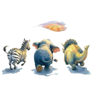 Watercolor zebra elephant triceratops animal running from behind wall stickers