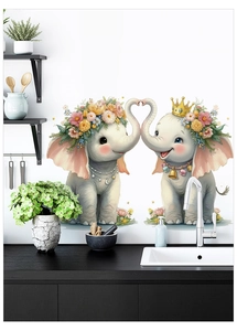 Detail of cute baby elephants wall stickers with flower wreaths in a home kitchen setting