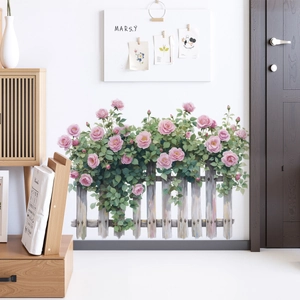 Adesivo da Parete Pastorale Rosa Fiore Recinzione in Legno Rimovibile PVC Impermeabile Decorazione Domestica per Soggiorno Camera da Letto
