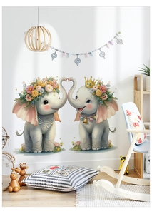 Detail of cartoon elephants wall decals with floral crowns and heart shaped trunks