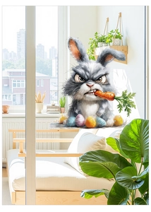 Détail d'autocollant de Pâques avec lapin en colère et œufs colorés sur vitre