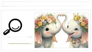 Detailed view of two cute cartoon elephants with flower crown and heart-shaped trunks