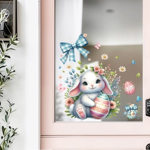 Easter bunny and colorful eggs wall decals on a pink wooden glass door decoration