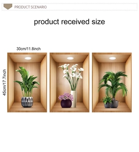 Three-piece set 3D wall stickers featuring green plants in wooden niches, 30x45cm size specs