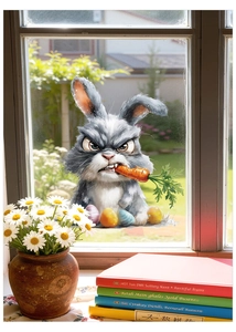 Détail de l'autocollant lapin de Pâques en colère avec des œufs colorés sur verre