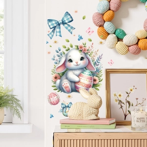 Easter bunny and colorful eggs watercolor wall stickers in a cozy home interior setting