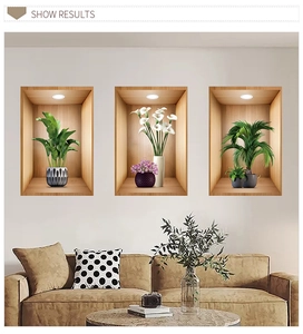 3D realistic wall stickers featuring green potted plants in modern living room scene