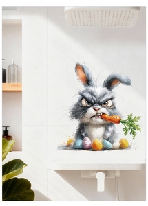 Détail d'autocollant mural lapin en colère avec œufs de Pâques sur carrelage blanc