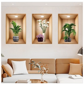Detailed view of 3D visual wall stickers featuring green plants in wooden niches on a wall