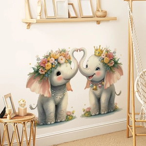 Cartoon Elephant Wreath Crown Wall Stickers PVC Waterproof Removable Animal Decals For Kids Nursery Room Home Wall Decor