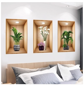 Detail of 3D wood niche wall decals with realistic potted green plants and floral designs