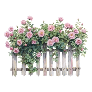 Adesivo murale con rose rampicanti rosa e staccionata bianca per decoro casa