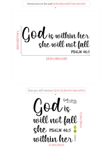 Detail view showing dimensions of Psalm 46:5 vinyl wall decal for home decoration