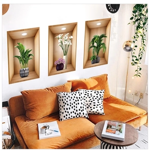 Three-piece 3D green plant wall stickers with wood frame effect for living room decor