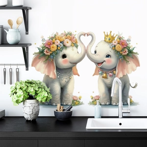 Cartoon elephant wall stickers with floral wreath and crown for kids bedroom decor