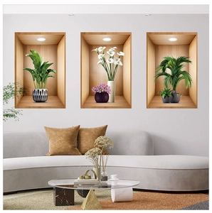 Detailed 3D wall stickers featuring realistic green plants and vases in recessed niches
