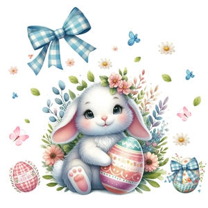 Easter wall decals featuring a cute watercolor bunny with colored eggs and blue bow