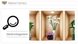 Detailed macro view of 3D green plants and white calla lilies on wooden shelf wall sticker