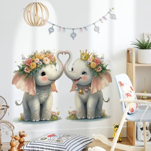 Cartoon elephants with flower crown and heart shape trunks nursery wall decal sticker