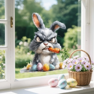 Autocollant de Fenêtre de Pâques Impression UV Lapin en Colère Décalcomanie en Verre Œufs Colorés Statique Pour Décoration