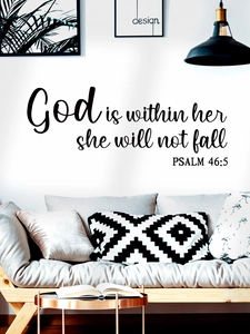 Detailed vinyl wall decal showing 'God is within her' quote on a modern living room wall
