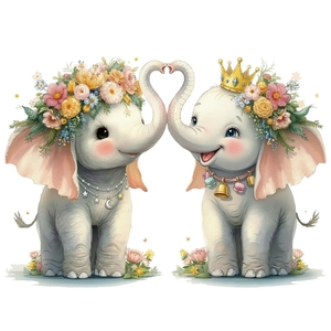 Cute elephant wall decal with floral wreath and crown for nursery wall decoration