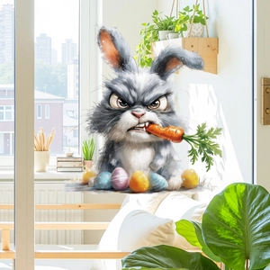 Autocollant de fenêtre lapin de Pâques fâché avec œufs colorés pour décor de vitre