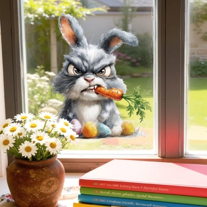 Sticker de fenêtre lapin de Pâques rigolo avec œufs colorés sur vitre avec jardin