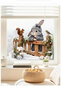 Close-up of 3D bunny and squirrel window cling with snowy fence and cotton flowers