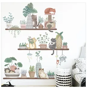 Detail showing cat and potted plant wall stickers in soft Morandi colors for home decor