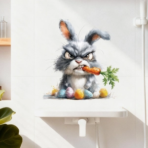 Sticker mural lapin en colère avec œufs de Pâques sur carrelage blanc de salle de bain