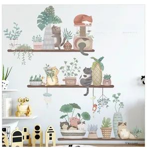 Cat and green plant wall decals creating a fresh home decor scene on white wall