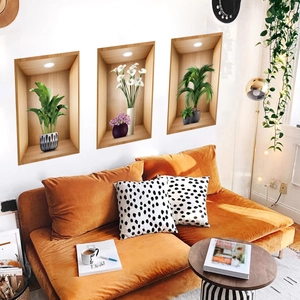 3D wall stickers featuring green potted plants in realistic wood niches for living room