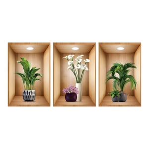 3D wall decals featuring wooden alcoves with green plants and lilies for home decor