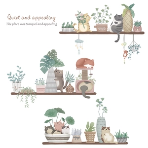 Waterproof wall stickers featuring cute cats and potted plants in hand-painted watercolor style