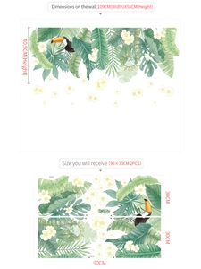 Detail view of tropical leaf wall stickers showing wall dimensions and product layout