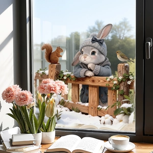 Winter rabbit wall sticker with snow scene and cozy window indoor glass decor