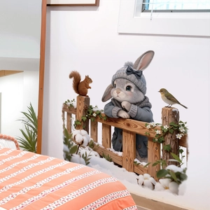3D cute rabbit wall sticker with knitted hat and scarf in a winter garden scene
