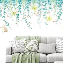 Close-up of watercolor floral wall stickers featuring green vines and yellow lilies