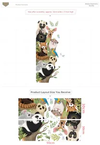 Detailed view of panda and koala wall stickers with layout dimensions and application size