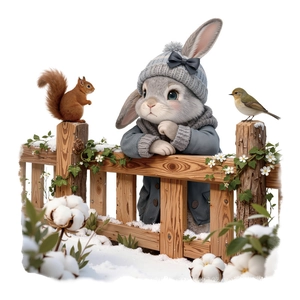 Removable rabbit fence wall sticker with squirrel and bird in winter nature scene