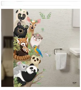 Detailed close-up of colorful self-adhesive cartoon animal wall stickers on a textured wall