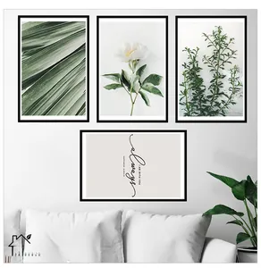 Detail of four-piece modern minimalist wall art set featuring white roses and green leaves