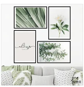 Modern Nordic wall art set featuring white roses, green plants and black minimalist frames