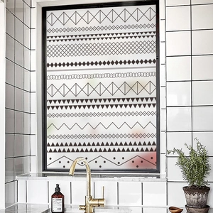 White frosted window film with black geometric Moroccan patterns for bathroom privacy