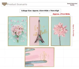 Detail view of pink floral and Eiffel Tower wall art set with dimensions 85x70cm