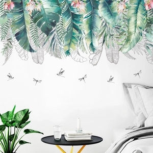 Nordic Tropical Leaf PVC Wall Stickers Removable Green Plants Pink Flower Dragonfly Wall Decals For Living Room Bedroom