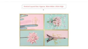 Pink Nordic wall sticker with floral and Eiffel Tower design, 90cm x 60cm layout size