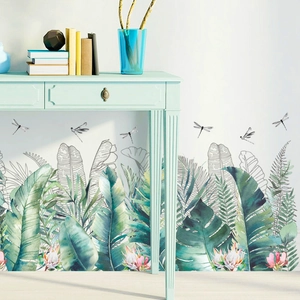 Tropical monstera and leaf wall stickers with pink flowers for Nordic home decor