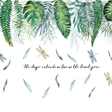 Macro detail of watercolor tropical leaves and dragonfly wall sticker with English script